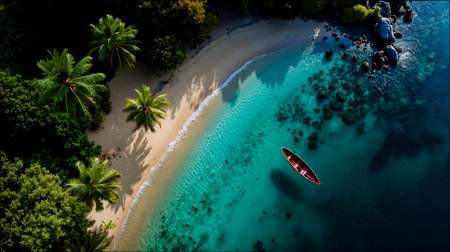 Aerial view of a tropical beach with a red boat floating on the turquoise waterの素材