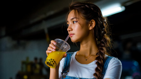 A woman with a braid drinking from a cup with a strawの素材