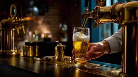 A hand pouring beer from a tap into a glassの素材