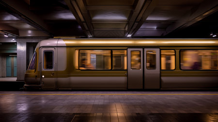 A subway train at a station with its doors openの素材
