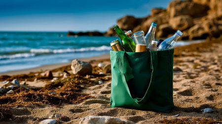 A green bag filled with empty glass bottles and cans is sitting on a sandy beachの素材