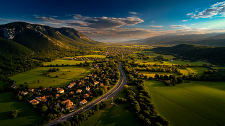 Aerial view of a valley with a winding road surrounded by green fields and hillsの素材