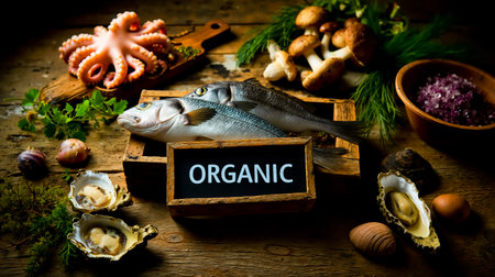A close-up photograph of a wooden table displaying a variety of organic foods including a fish mushrooms and a bowl of purple onionsの素材