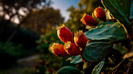 A close-up view of a cactus plant showcasing its vibrant red flowers and green leaves against a backdrop of trees and a clear skyの素材