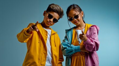 Two children wearing sunglasses and colorful jackets pose with their fingers upの素材