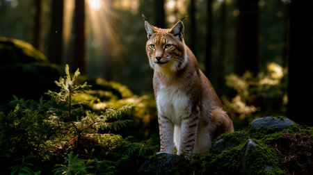 A lynx sitting on a rock in a forestの素材