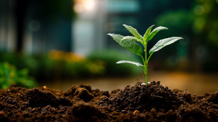 A single green leaf sprouting from a mound of dark brown soilの素材