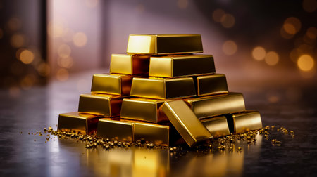 A stack of gold bars with a single bar on the bottom set against a blurred background with bokeh light effectsの素材
