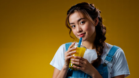A young woman with a braid in her hair is holding a yellow drink with a blue strawの素材
