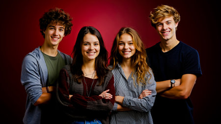 Four young people two boys and two girls are smiling and posing together against a red backgroundの素材
