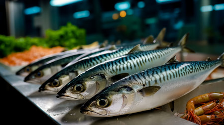 A group of fish possibly mackerel are displayed on a table with a green backgroundの素材