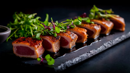 A plate of sushi with a variety of toppings including green onions and a drizzle of sauceの素材