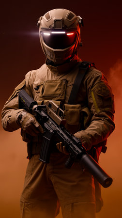 A soldier in a futuristic suit holding a gunの素材