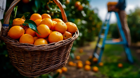 A basket of oranges hanging from a treeの素材