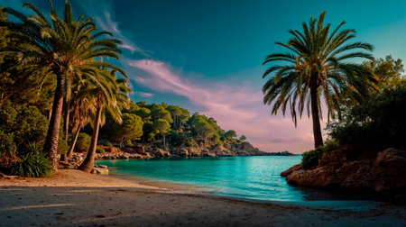 A serene beach scene with palm trees a clear blue ocean and a rocky shore at sunsetの素材