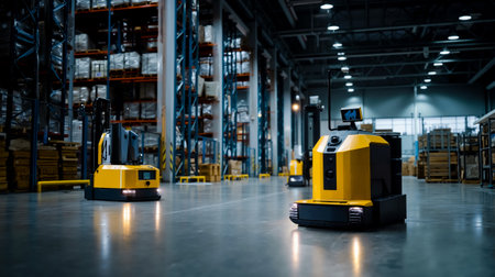 A large industrial warehouse with multiple yellow robotic vehicles on the floor and shelving units in the backgroundの素材