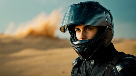 A person wearing a black helmet and jacket looking to the side with a desert landscape in the backgroundの素材