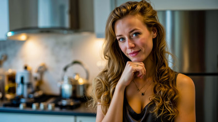 A woman with long blonde hair is smiling and posing in a kitchen with a stainless steel refrigerator and various cooking utensilsの素材