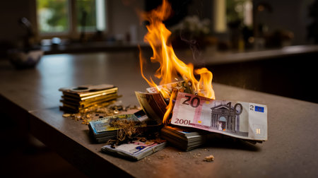 A pile of burning money on a counterの素材