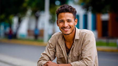 A smiling man with dark hair and a beard wearing a tan shirt posing on a street with buildings in the backgroundの素材