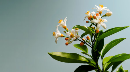 A close-up photograph of a plant with white flowers and orange fruits against a blue sky backgroundの素材