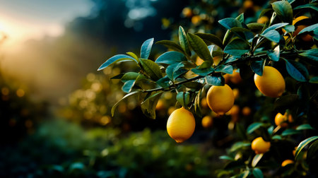 A close-up photograph of a branch of a citrus tree with ripe lemons hanging from itの素材