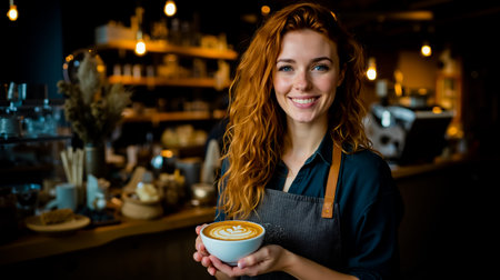 A smiling woman with red hair wearing a blue shirt and an apron holds a bowl of latte with a heart design in itの素材