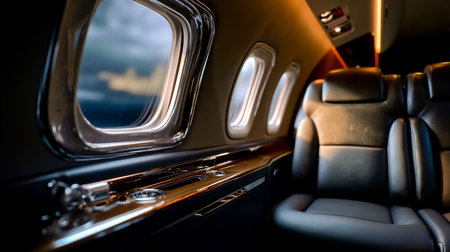 The interior of an airplane cabin focusing on the front row of seats with a view of the cockpit through the windowの素材