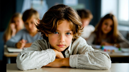 A young boy with a nose ring looking to the side in a classroom settingの素材