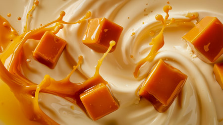 A close-up photograph of a creamy orange-colored substance with a glossy finish featuring a pattern of dripping and swirling texturesの素材
