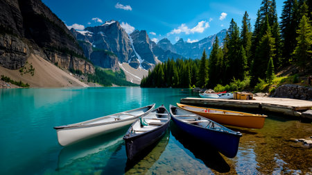 A serene scene of a lake with three canoes surrounded by a mountainous landscape and lush greeneryの素材