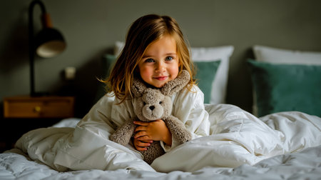 A young girl with blonde hair is sitting on a bed holding a teddy bear and smilingの素材