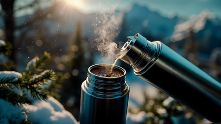A close-up of a metal flask with a small amount of liquid being poured into it with steam rising from the liquidの素材
