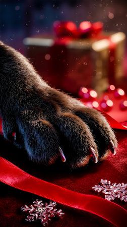 A close-up of a bear's paw resting on a red ribbon with a snowflake decorationの素材