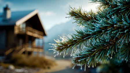 A close-up of a pine tree branch with ice crystals in front of a wooden house with a mountain in the backgroundの素材
