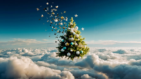 A Christmas tree with ornaments and stars floating in the sky above cloudsの素材