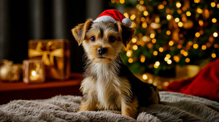 A small dog wearing a Santa hat sits on a bed with a Christmas tree in the backgroundの素材