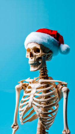 A skeleton wearing a Santa hatの素材