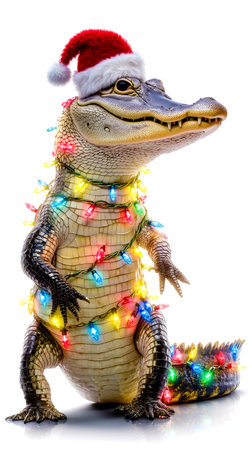 A crocodile wearing a Santa hat and adorned with Christmas lightsの素材