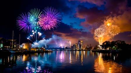A vibrant night scene with a city skyline a river and a fireworks display in the skyの素材