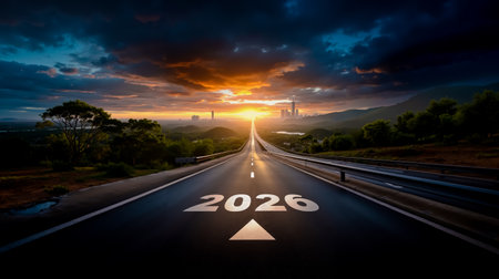 A photograph of a road with the number 2026 painted on it leading towards a city skyline at sunset with dramatic cloudsの素材