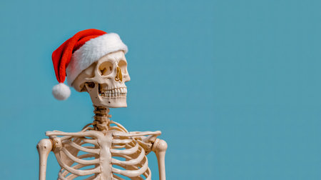 A skeleton wearing a red and white santa hatの素材