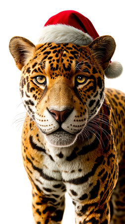 A jaguar wearing a red and white santa hatの素材
