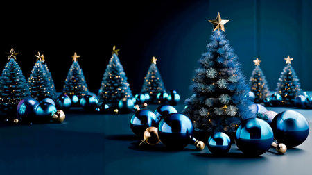 A collection of blue Christmas ornaments and trees arranged on a dark blue backgroundの素材