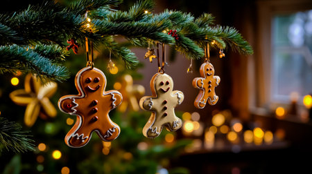 A Christmas tree decorated with gingerbread men ornaments and twinkling lightsの素材