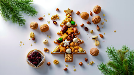 A creative arrangement of various food items shaped like a Christmas tree with a bowl of berries and a pine branch in the backgroundの素材