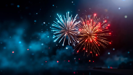 A digital artwork of two fireworks with a dark blue background and sparksの素材
