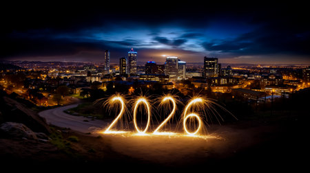 A nighttime photograph of a city skyline with the number 2026 prominently displayed in the foreground created by sparkling lightsの素材