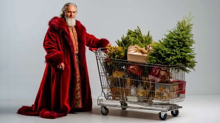 A man in a red fur coat is pushing a shopping cart filled with Christmas decorationsの素材