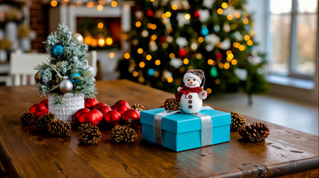 A festive Christmas scene with a snowman figurine on a blue gift box surrounded by pine cones red ornaments and a decorated treeの素材